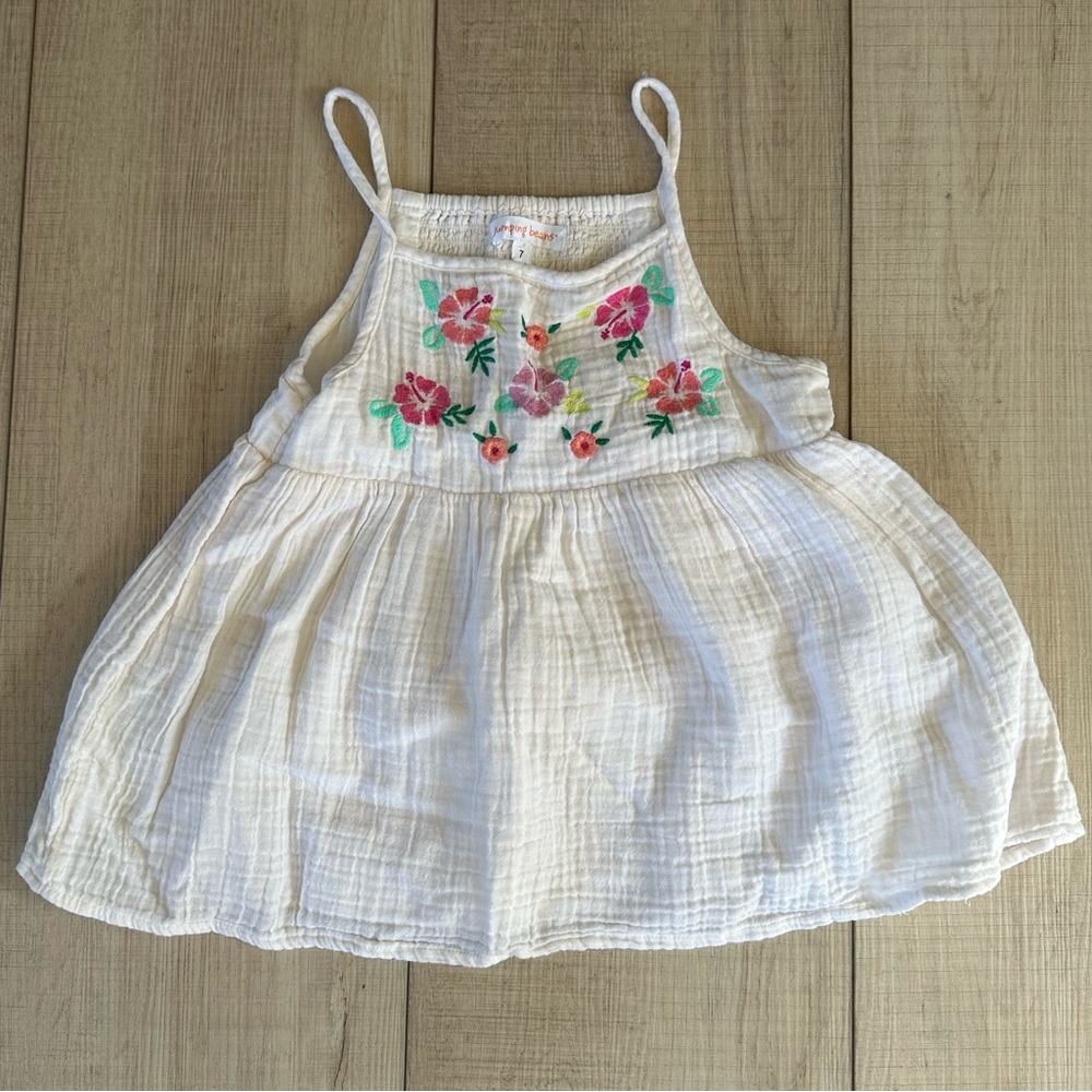 Jumping Beans Cream/Off White Kids Sundress with Pink Floral Embroidery Size 7